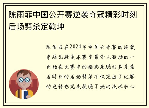 陈雨菲中国公开赛逆袭夺冠精彩时刻后场劈杀定乾坤